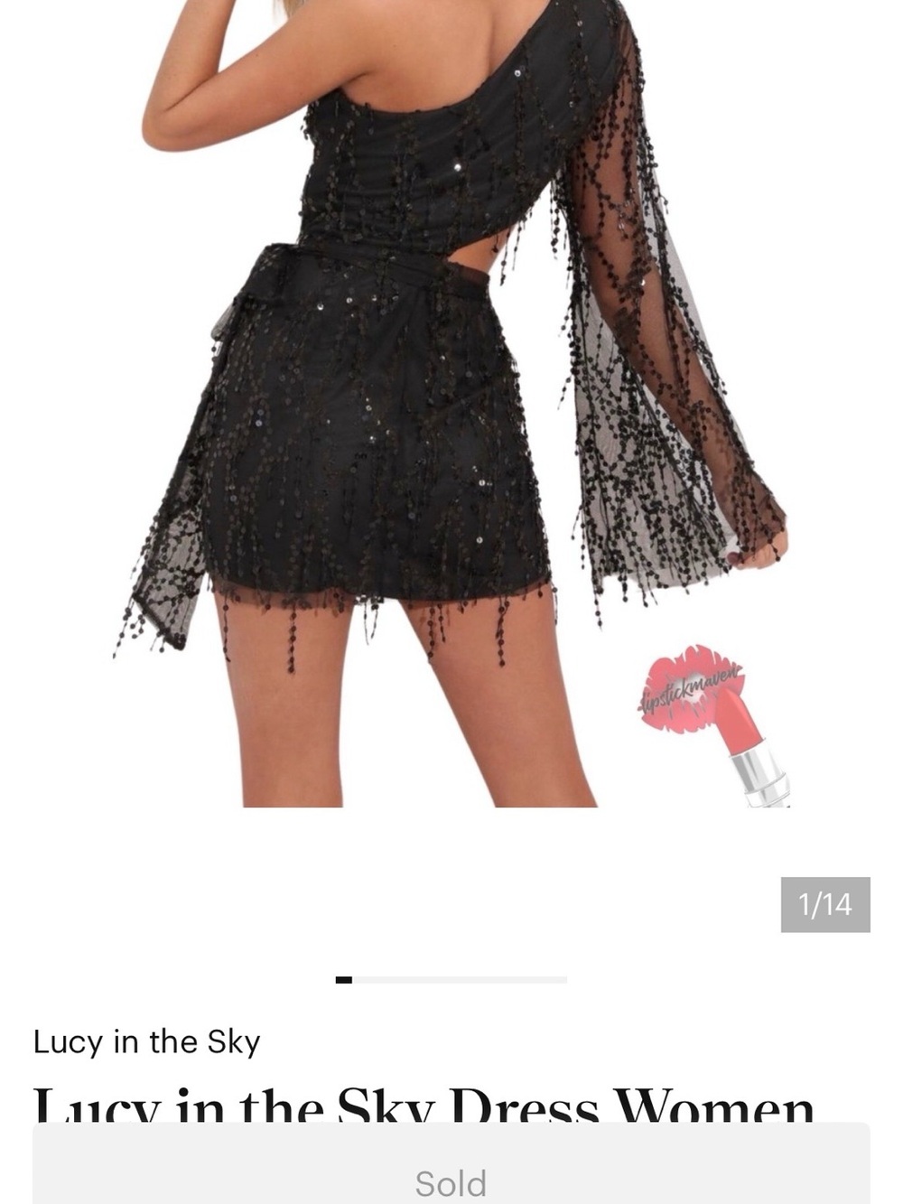 Lucy in the Sky Dress Women Medium Black Sequin Fringe Cutout One Shoulder Party